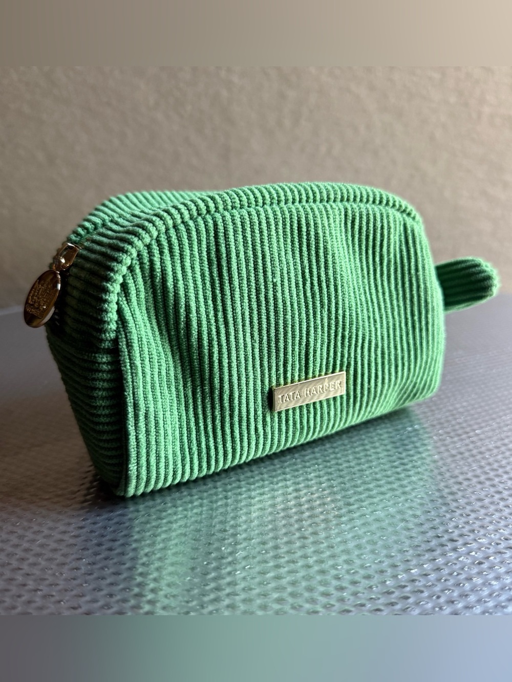 Tata Harper small green corduroy makeup bag